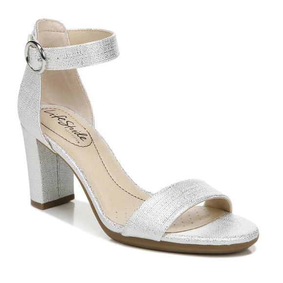 Life Stride Shoes Life Stride Womens Averly Silver White Open Toe Dress Sandals Heels Size